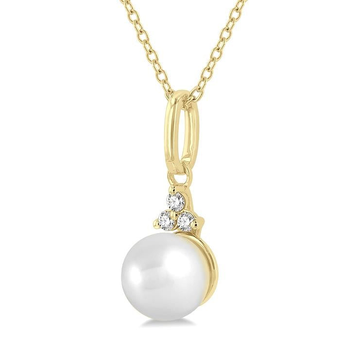 6 MM Round Shape Cultured Pearl and 1/50 Ctw Round Cut Diamond Petite Fashion Pendant With Chain in 10K Yellow Gold