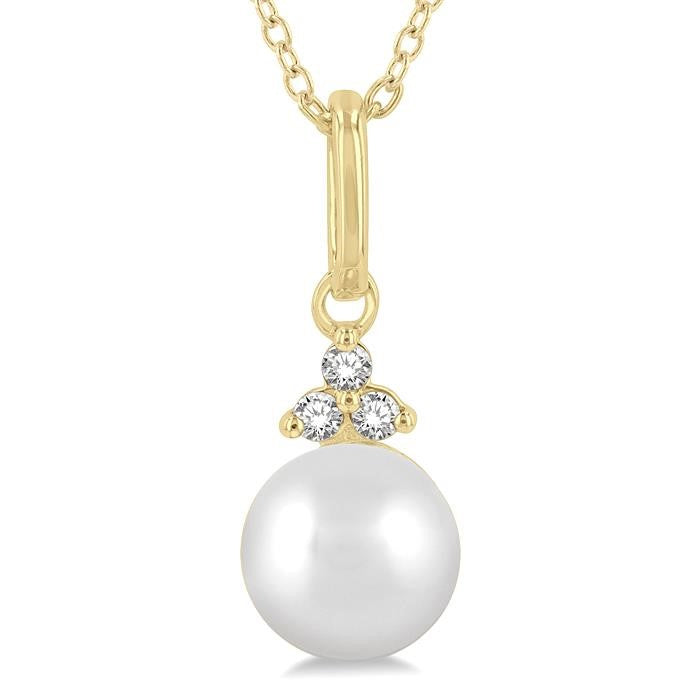 6 MM Round Shape Cultured Pearl and 1/50 Ctw Round Cut Diamond Petite Fashion Pendant With Chain in 10K Yellow Gold