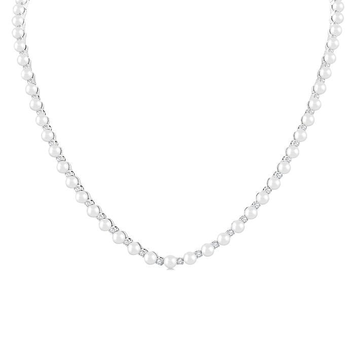4 MM Cultured Pearl and 2 Ctw Round Cut Diamond Straightline Fashion Necklace in 14K White Gold