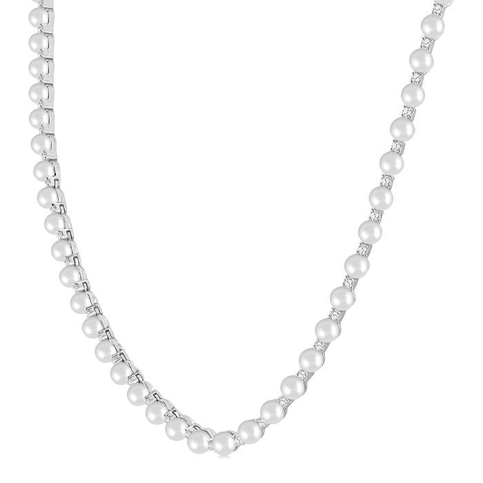 4 MM Cultured Pearl and 2 Ctw Round Cut Diamond Straightline Fashion Necklace in 14K White Gold