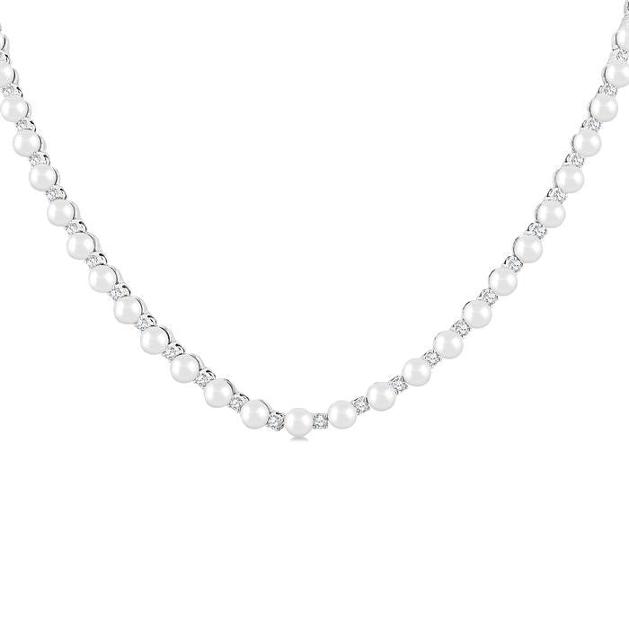 4 MM Cultured Pearl and 2 Ctw Round Cut Diamond Straightline Fashion Necklace in 14K White Gold