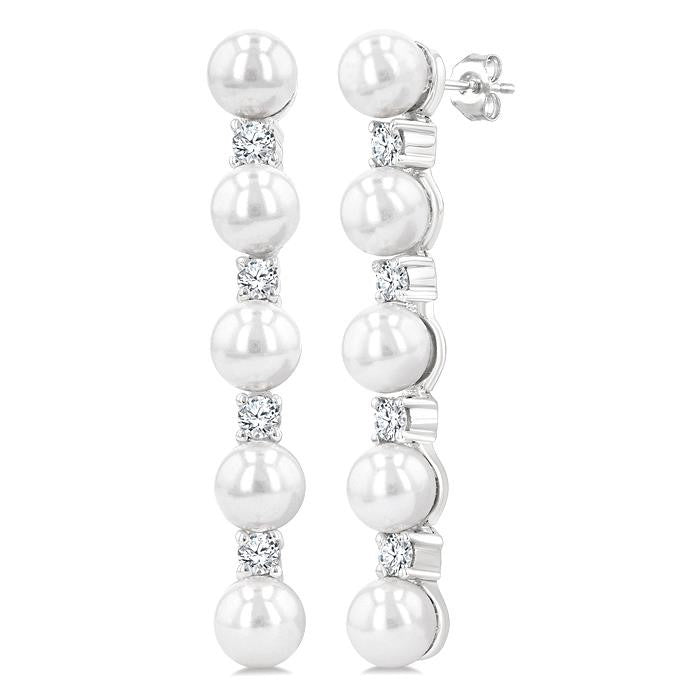 4MM Cultured Pearl and 1/4 Ctw Round Cut Diamond Fashion Earrings in 14K White Gold