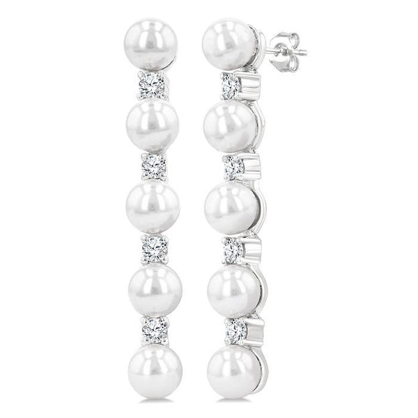 4MM Cultured Pearl and 1/4 Ctw Round Cut Diamond Fashion Earrings in 14K White Gold