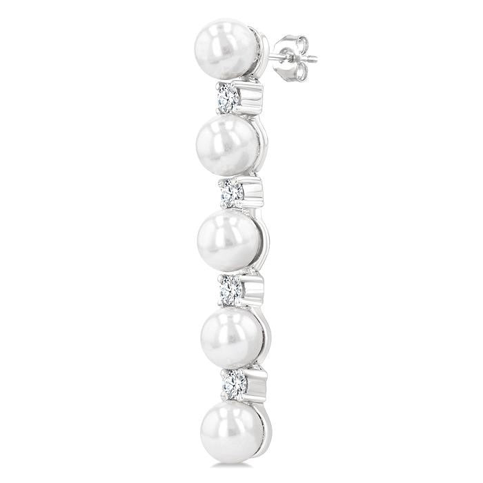 4MM Cultured Pearl and 1/4 Ctw Round Cut Diamond Fashion Earrings in 14K White Gold