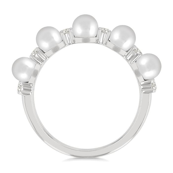 4MM Cultured Pearl and 1/6 Ctw Round Cut Diamond Fashion Ring in 14K White Gold