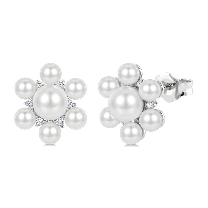 3MM & 5.5MM White Cultured Pearl and 1/10 Ctw Floral Round Cut Diamond Fashion Earrings in 10K White Gold