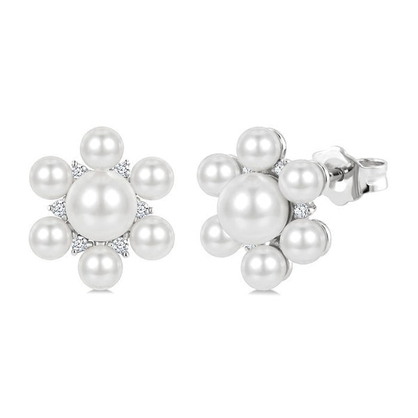 3MM & 5.5MM White Cultured Pearl and 1/10 Ctw Floral Round Cut Diamond Fashion Earrings in 10K White Gold