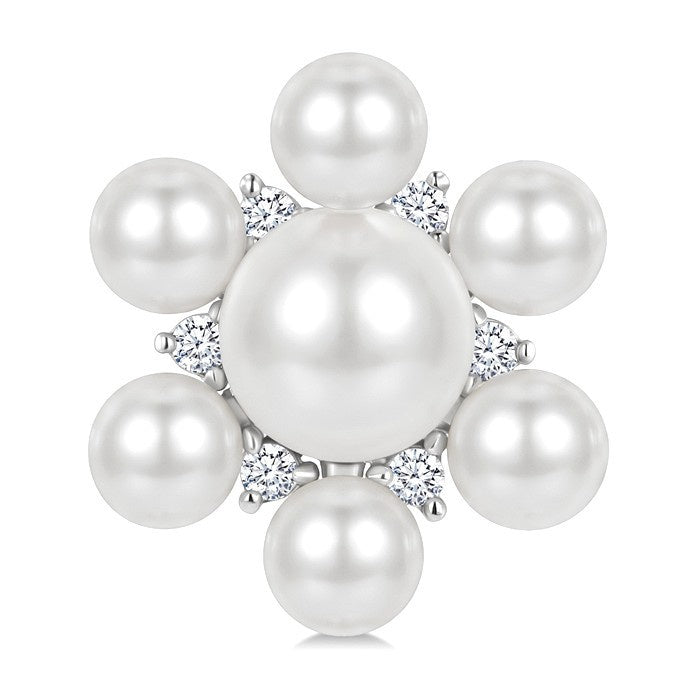 3MM & 5.5MM White Cultured Pearl and 1/10 Ctw Floral Round Cut Diamond Fashion Earrings in 10K White Gold