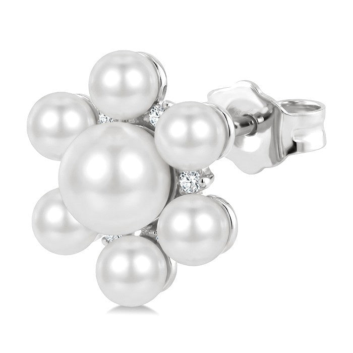 3MM & 5.5MM White Cultured Pearl and 1/10 Ctw Floral Round Cut Diamond Fashion Earrings in 10K White Gold