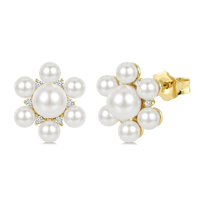 3MM & 5.5MM White Cultured Pearl and 1/10 Ctw Floral Round Cut Diamond Fashion Earrings in 10K Yellow Gold