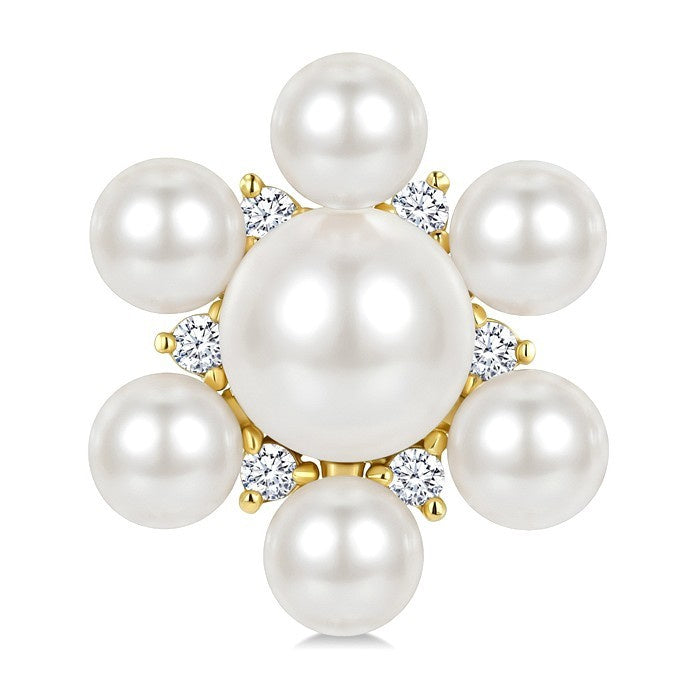 3MM & 5.5MM White Cultured Pearl and 1/10 Ctw Floral Round Cut Diamond Fashion Earrings in 10K Yellow Gold