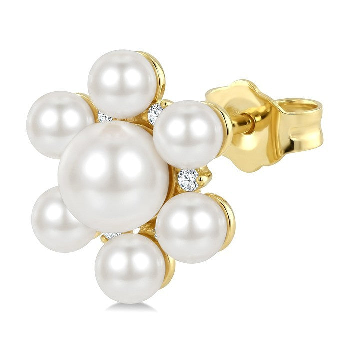 3MM & 5.5MM White Cultured Pearl and 1/10 Ctw Floral Round Cut Diamond Fashion Earrings in 10K Yellow Gold