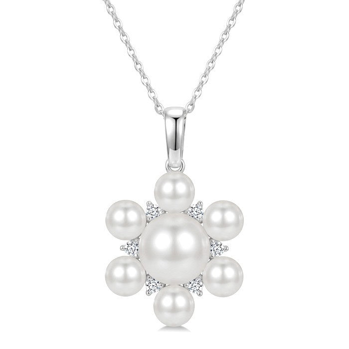4MM & 7MM White Cultured Pearl and 1/10 Ctw Floral Round Cut Diamond Fashion Pendant With Chain in 10K White Gold