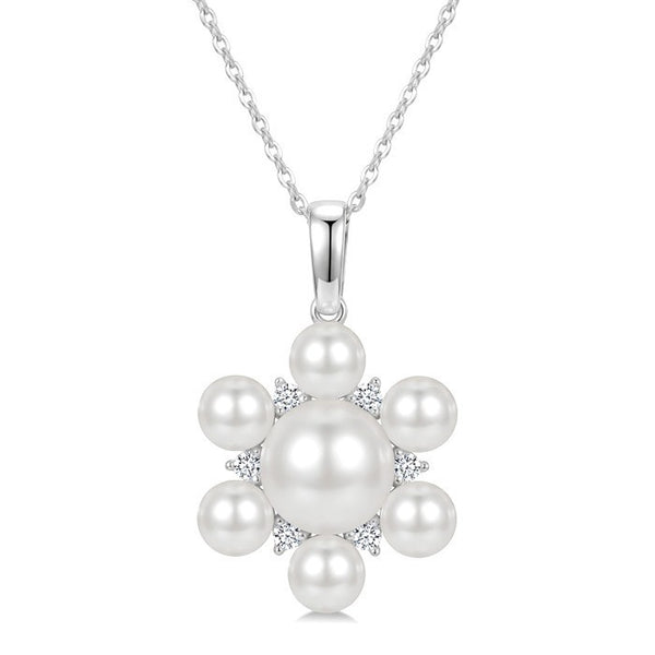 4MM & 7MM White Cultured Pearl and 1/10 Ctw Floral Round Cut Diamond Fashion Pendant With Chain in 10K White Gold