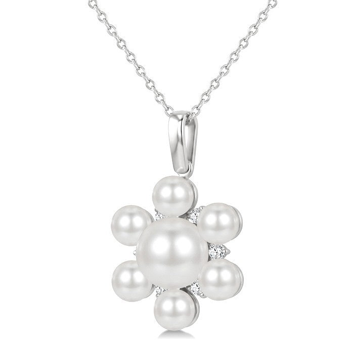 4MM & 7MM White Cultured Pearl and 1/10 Ctw Floral Round Cut Diamond Fashion Pendant With Chain in 10K White Gold