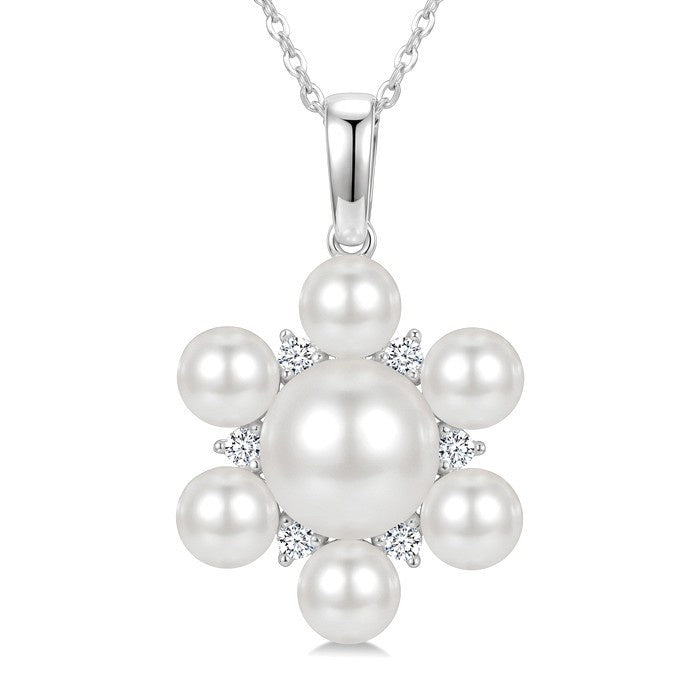4MM & 7MM White Cultured Pearl and 1/10 Ctw Floral Round Cut Diamond Fashion Pendant With Chain in 10K White Gold