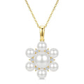 4MM & 7MM White Cultured Pearl and 1/10 Ctw Floral Round Cut Diamond Fashion Pendant With Chain in 10K Yellow Gold