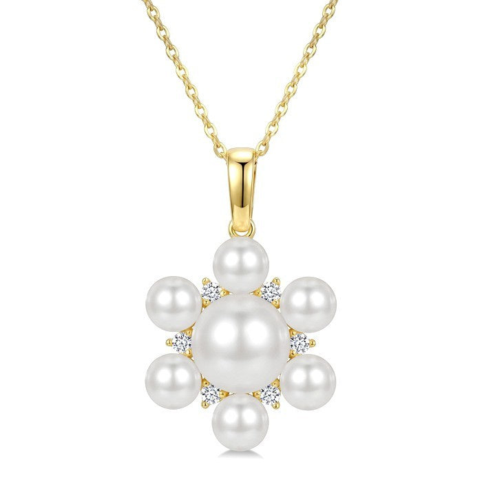 4MM & 7MM White Cultured Pearl and 1/10 Ctw Floral Round Cut Diamond Fashion Pendant With Chain in 10K Yellow Gold