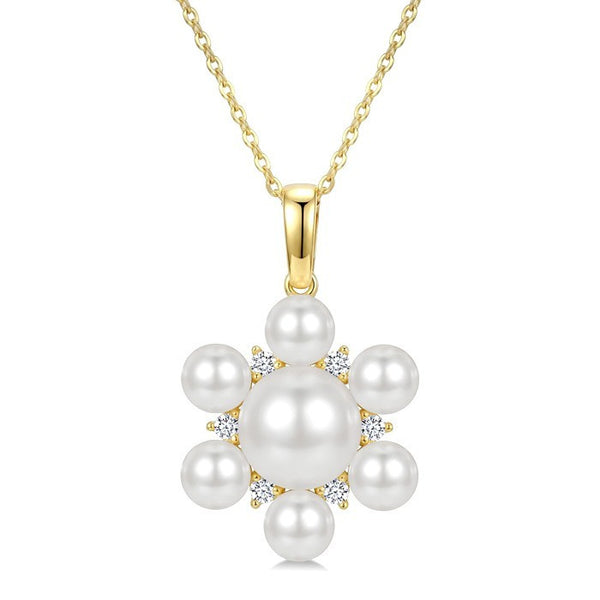 4MM & 7MM White Cultured Pearl and 1/10 Ctw Floral Round Cut Diamond Fashion Pendant With Chain in 10K Yellow Gold