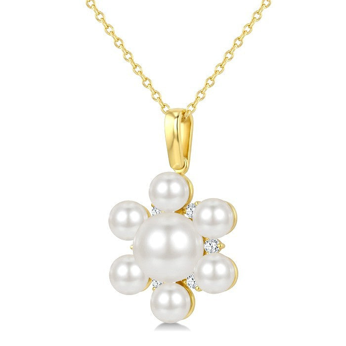 4MM & 7MM White Cultured Pearl and 1/10 Ctw Floral Round Cut Diamond Fashion Pendant With Chain in 10K Yellow Gold