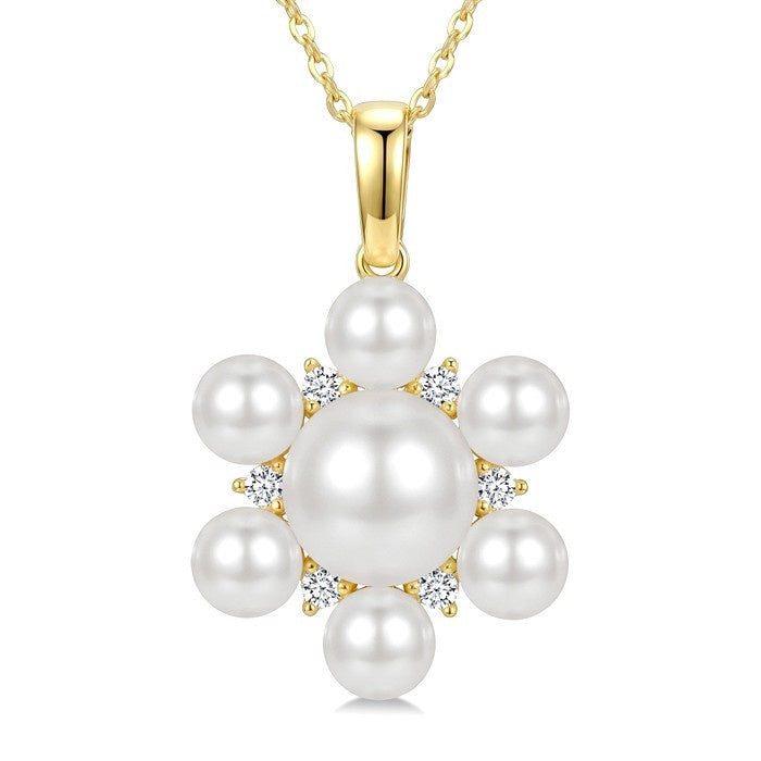 4MM & 7MM White Cultured Pearl and 1/10 Ctw Floral Round Cut Diamond Fashion Pendant With Chain in 10K Yellow Gold