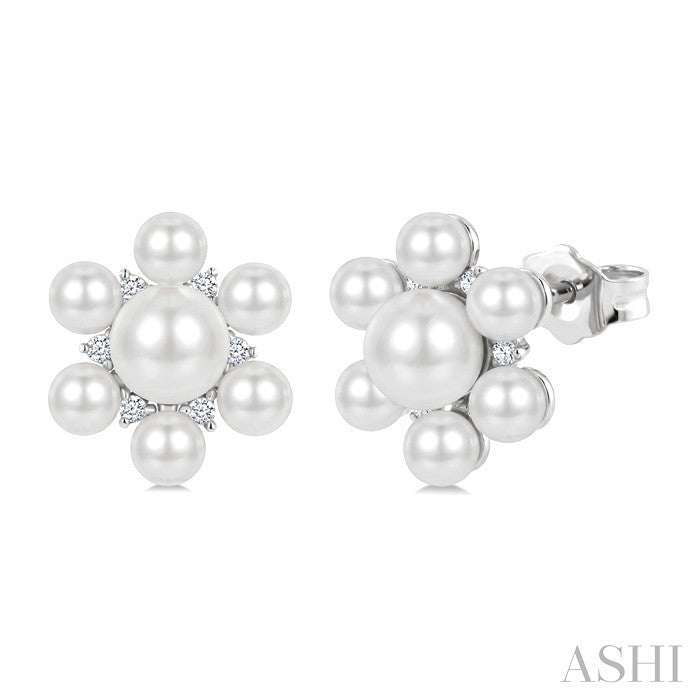 3MM & 5.5MM White Cultured Pearl and 1/10 Ctw Floral Round Cut Diamond Fashion Earrings in 10K White Gold