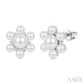 3MM & 5.5MM White Cultured Pearl and 1/10 Ctw Floral Round Cut Diamond Fashion Earrings in 10K White Gold