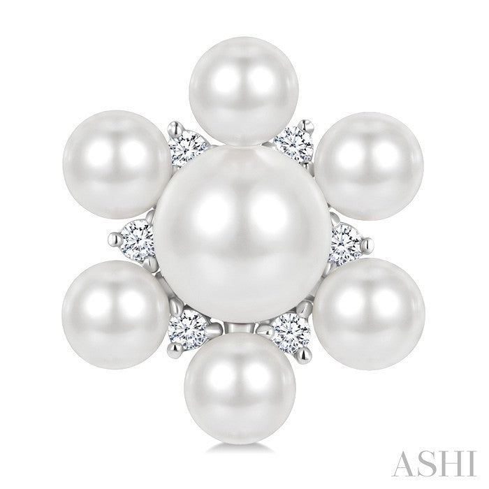 3MM & 5.5MM White Cultured Pearl and 1/10 Ctw Floral Round Cut Diamond Fashion Earrings in 10K White Gold