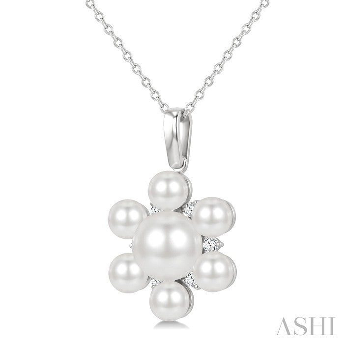 4MM & 7MM White Cultured Pearl and 1/10 Ctw Floral Round Cut Diamond Fashion Pendant With Chain in 10K White Gold