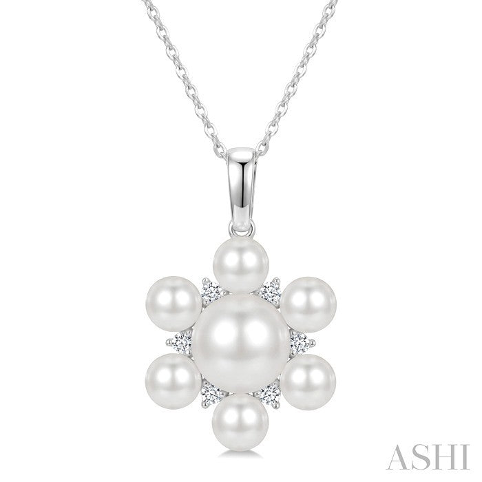 4MM & 7MM White Cultured Pearl and 1/10 Ctw Floral Round Cut Diamond Fashion Pendant With Chain in 10K White Gold