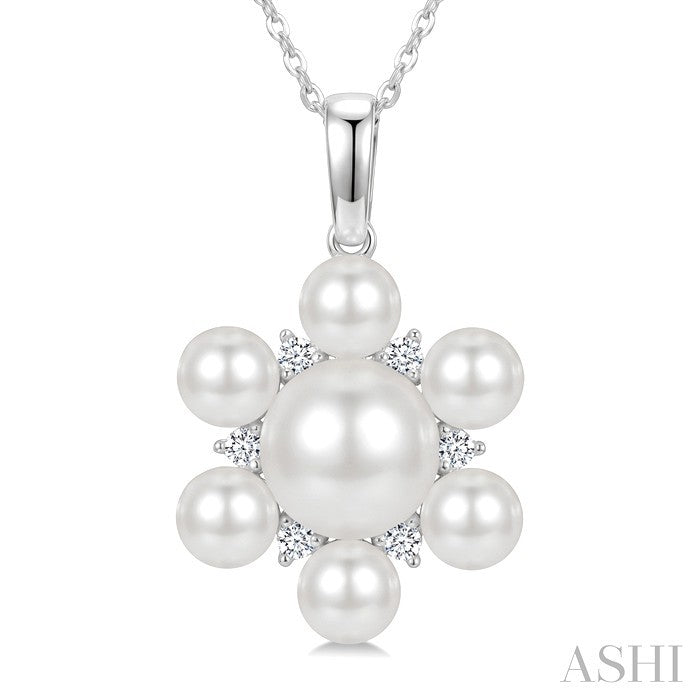 4MM & 7MM White Cultured Pearl and 1/10 Ctw Floral Round Cut Diamond Fashion Pendant With Chain in 10K White Gold