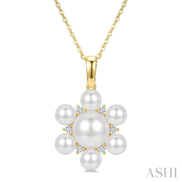 4MM & 7MM White Cultured Pearl and 1/10 Ctw Floral Round Cut Diamond Fashion Pendant With Chain in 10K Yellow Gold