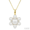 4MM & 7MM White Cultured Pearl and 1/10 Ctw Floral Round Cut Diamond Fashion Pendant With Chain in 10K Yellow Gold