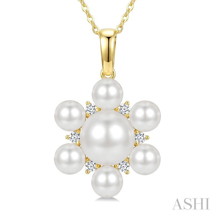 4MM & 7MM White Cultured Pearl and 1/10 Ctw Floral Round Cut Diamond Fashion Pendant With Chain in 10K Yellow Gold