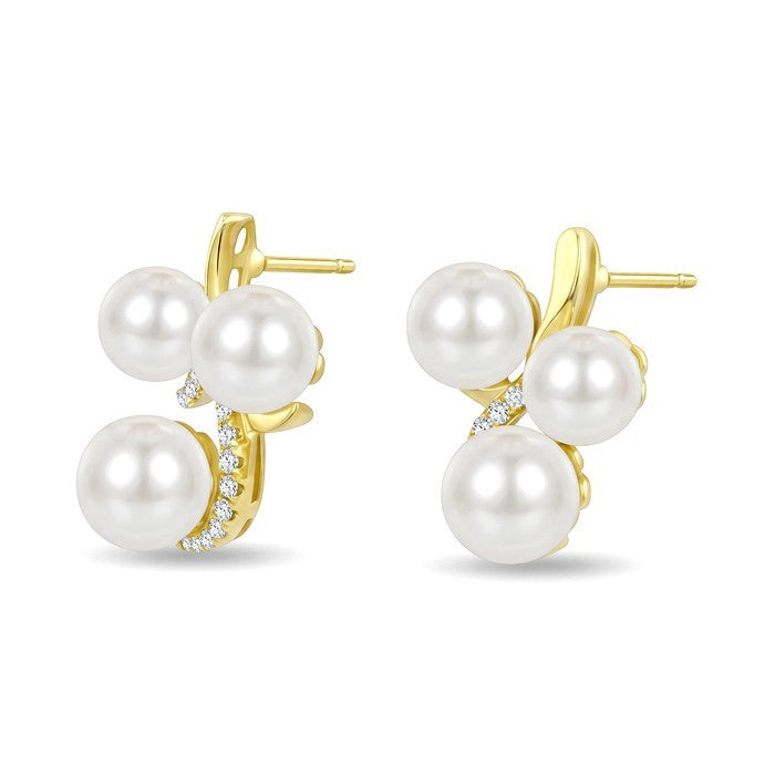7 MM, 6 MM and 6.5 MM White Cultured Pearl and 1/6 Ctw Round Cut Diamond 3 Stone Fashion Earrings in 10K Yellow Gold
