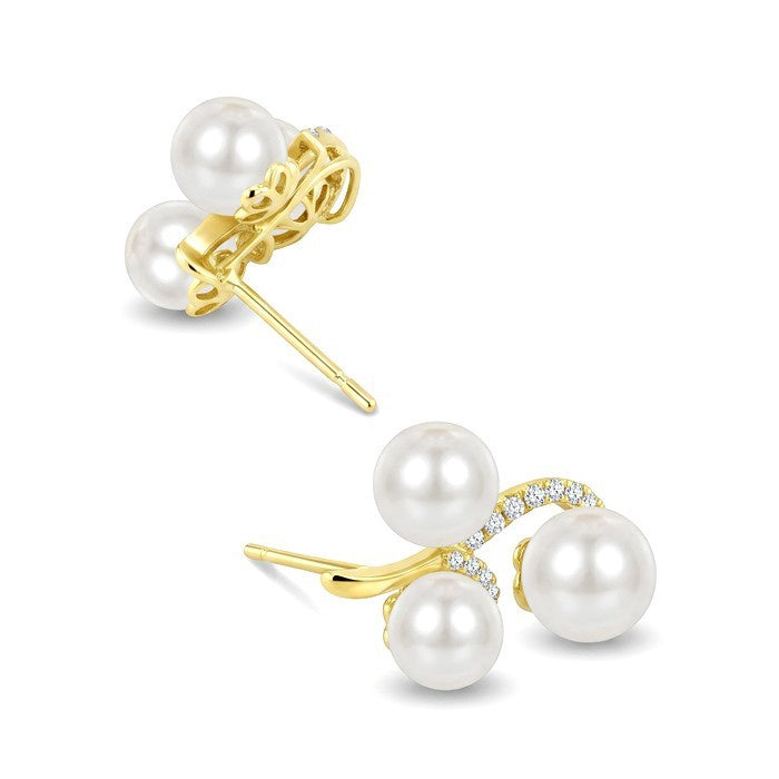 7 MM, 6 MM and 6.5 MM White Cultured Pearl and 1/6 Ctw Round Cut Diamond 3 Stone Fashion Earrings in 10K Yellow Gold