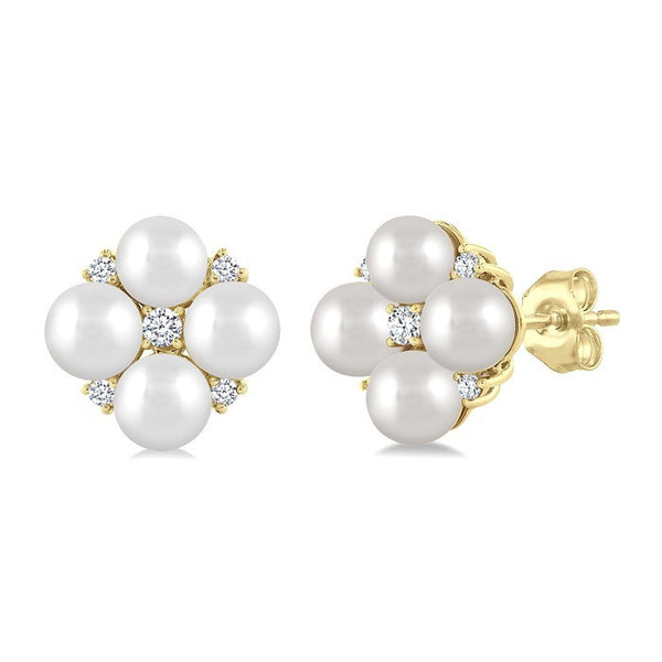 4 MM Round Shape Floral Cultured Pearls and 1/10 Ctw Round Cut Diamond Fashion Stud Earrings in 10K Yellow Gold