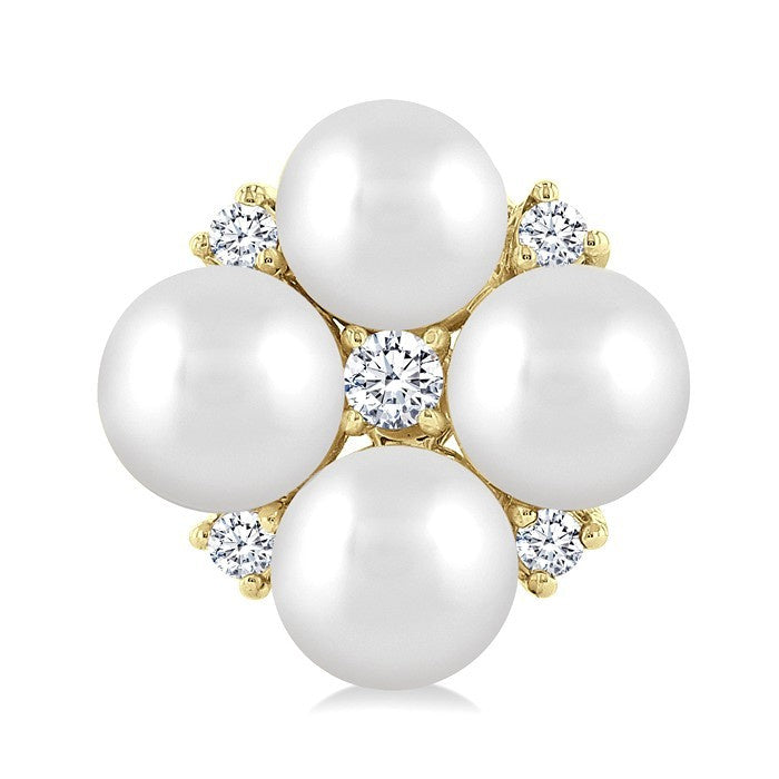 4 MM Round Shape Floral Cultured Pearls and 1/10 Ctw Round Cut Diamond Fashion Stud Earrings in 10K Yellow Gold