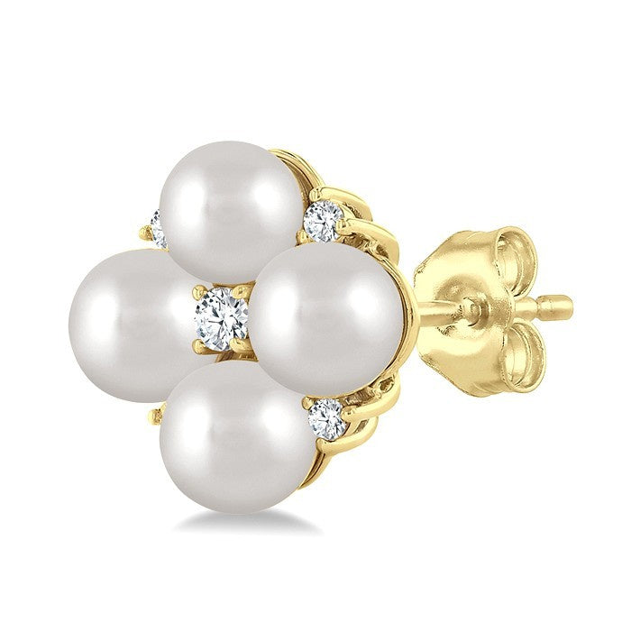 4 MM Round Shape Floral Cultured Pearls and 1/10 Ctw Round Cut Diamond Fashion Stud Earrings in 10K Yellow Gold