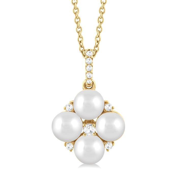5x5 MM Round Shape Floral Cultured Pearls and 1/10 Ctw Round Cut Diamond Fashion Pendant With Chain in 10K Yellow Gold