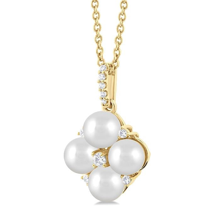 5x5 MM Round Shape Floral Cultured Pearls and 1/10 Ctw Round Cut Diamond Fashion Pendant With Chain in 10K Yellow Gold