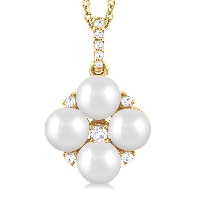 5x5 MM Round Shape Floral Cultured Pearls and 1/10 Ctw Round Cut Diamond Fashion Pendant With Chain in 10K Yellow Gold