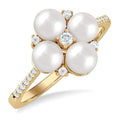5x5 MM Round Shape Floral Cultured Pearls and 1/6 Ctw Round Cut Diamond Fashion Ring in 10K Yellow Gold
