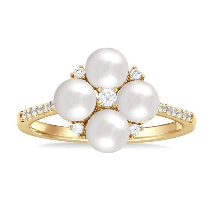 5x5 MM Round Shape Floral Cultured Pearls and 1/6 Ctw Round Cut Diamond Fashion Ring in 10K Yellow Gold