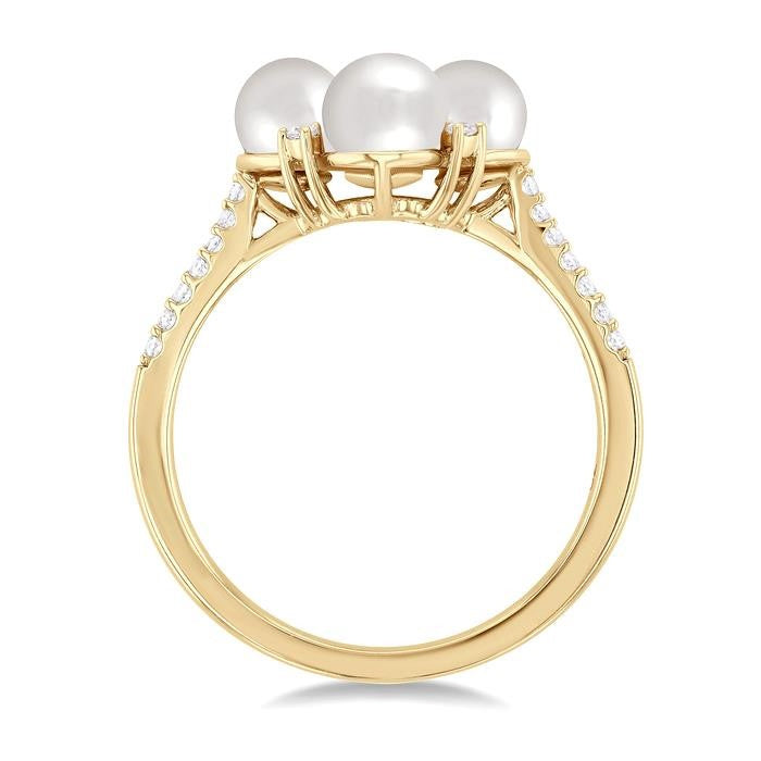 5x5 MM Round Shape Floral Cultured Pearls and 1/6 Ctw Round Cut Diamond Fashion Ring in 10K Yellow Gold