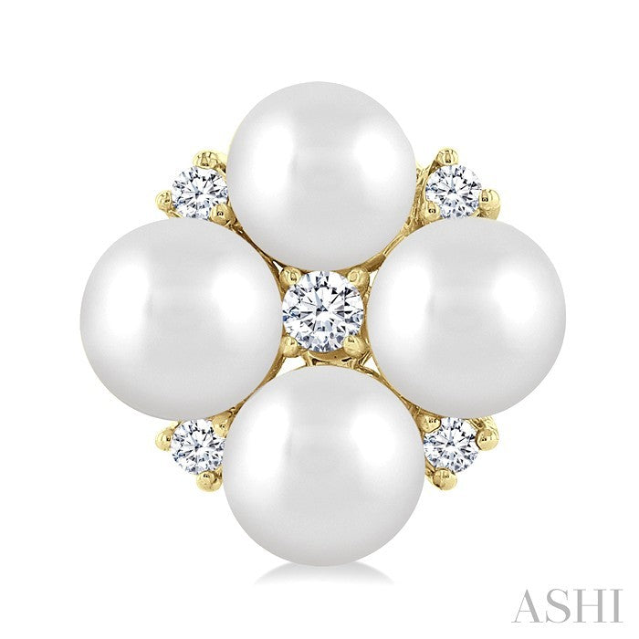 4 MM Round Shape Floral Cultured Pearls and 1/10 Ctw Round Cut Diamond Fashion Stud Earrings in 10K Yellow Gold
