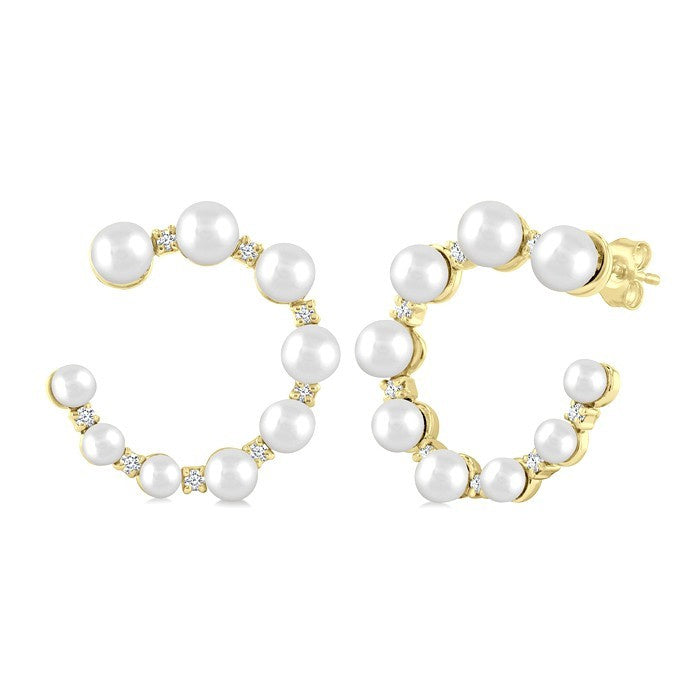 2.8 - 4.5 MM Round Shape Cultured Pearls and 1/5 Ctw Graduated Round Cut Diamond Half Hoop Earrings in 14K Yellow Gold