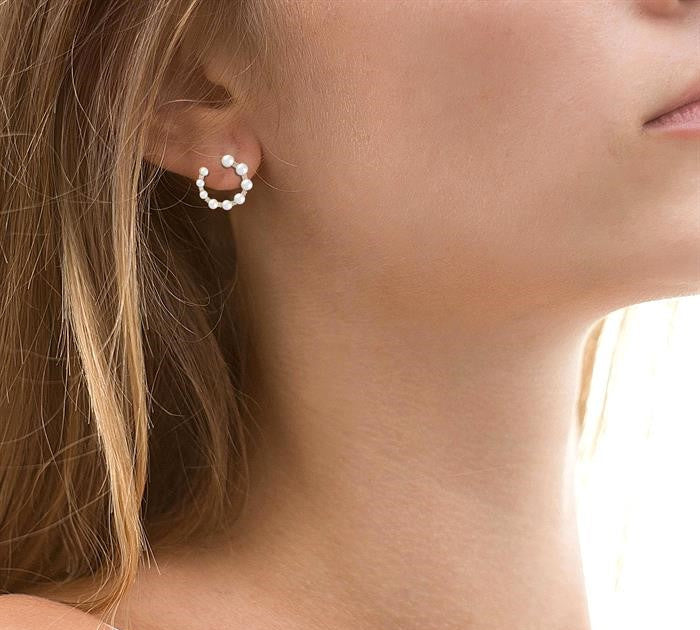 2.8 - 4.5 MM Round Shape Cultured Pearls and 1/5 Ctw Graduated Round Cut Diamond Half Hoop Earrings in 14K Yellow Gold