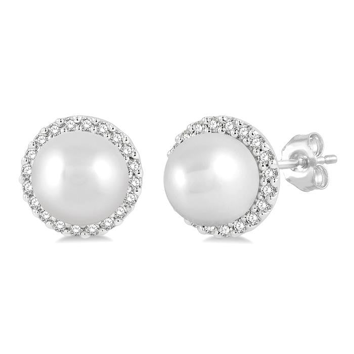 5.5 MM Round Shape Cultured Pearls and 1/8 Ctw Petite Round Cut Diamond Halo Fashion Stud Earrings in 10K White Gold