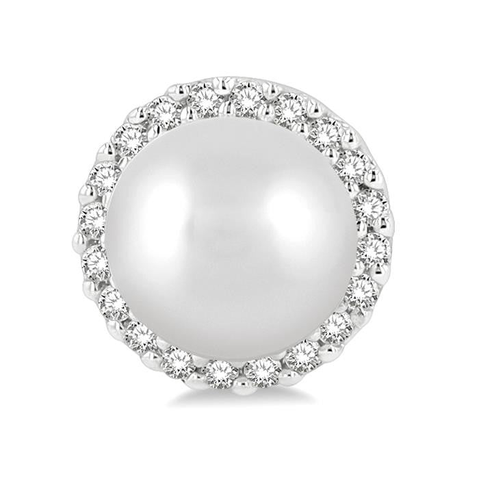 5.5 MM Round Shape Cultured Pearls and 1/8 Ctw Petite Round Cut Diamond Halo Fashion Stud Earrings in 10K White Gold